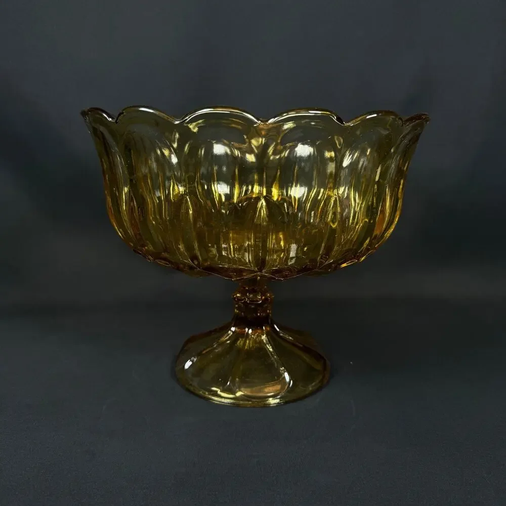 Vintage Amber Scalloped Edge Pedestal Bowl heavy weighted yellow glass